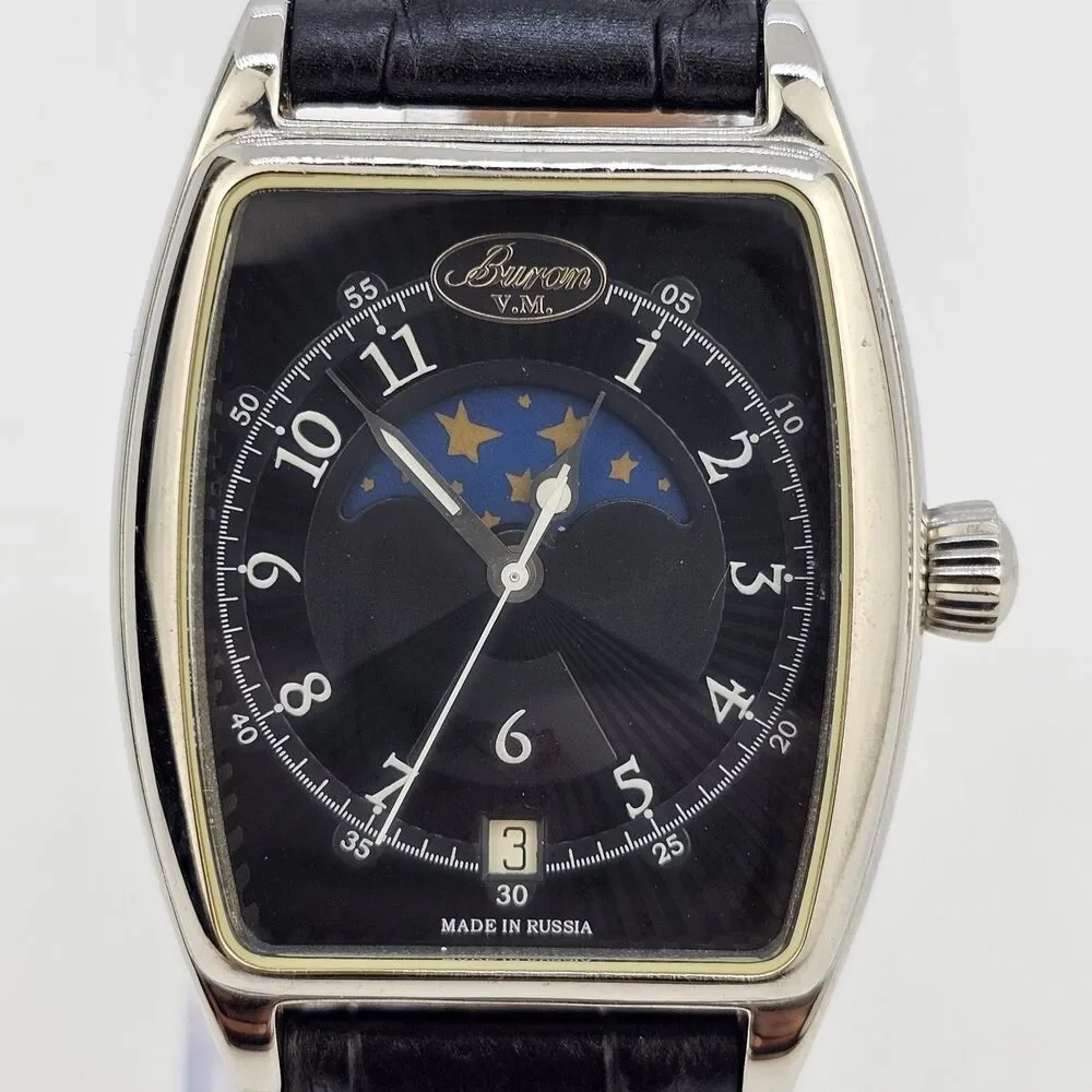 Buran Moonphase‎ Mechanical Watch 34MM Black Dial Leather Bands Limited Edition